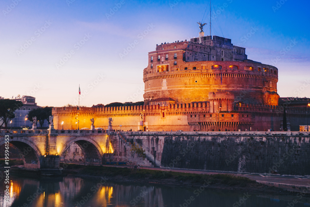 Night view of Sant' Angelo Castle in Rome, Italy
