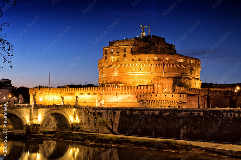 Rome Sant' Angelo Castle and Saint Angelo Bridge by night