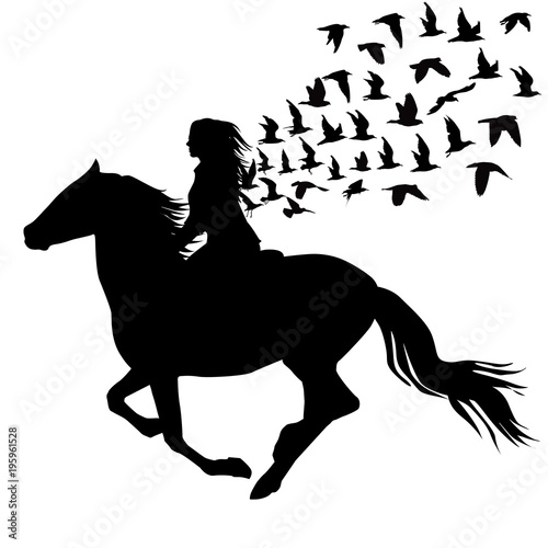 Abstract illustration of woman riding a horse and birds silhouettes