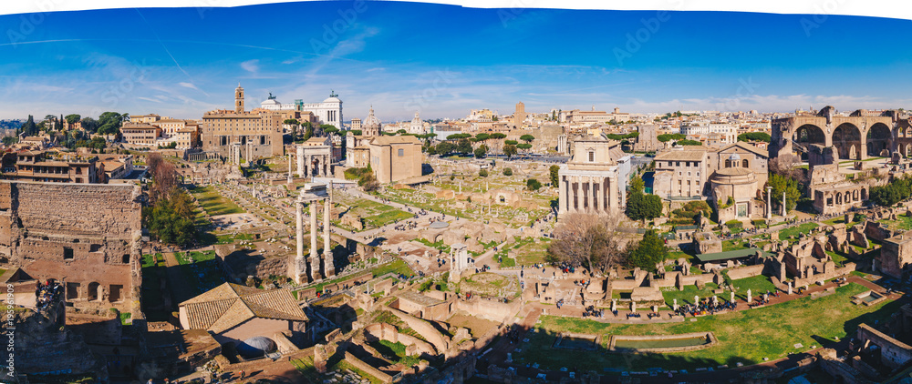Panorama of the Roman Forum (Foro Romano) and Roman ruins as seen from the Palatine Hill, Roma, Italy