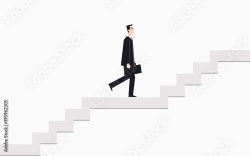 businessman walking up stair and holding briefcase in flat icon design on grey color background