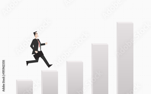 businessman holding briefcase and jumping over graph in flat icon design on grey color background