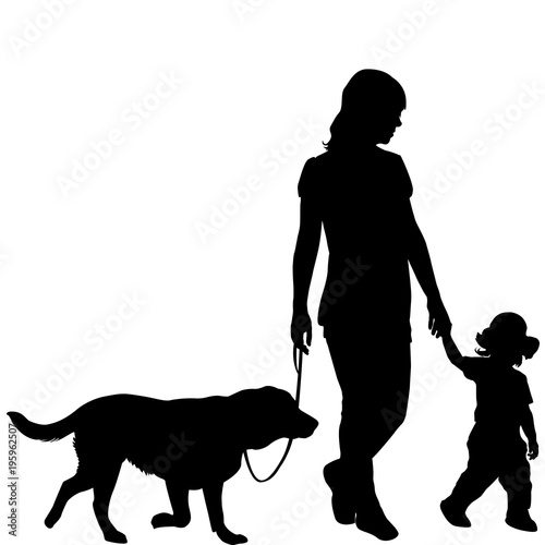 Silhouettes of woman with kid and dog