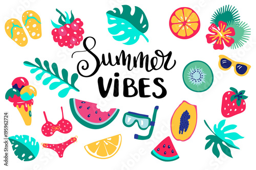 Summer lettering. Set hand drawn icons, signs and banners. Bright summertime poster. Collection Summer hand drawn elements for summer holiday and party. Summer Typographic. Vector illustration. photo