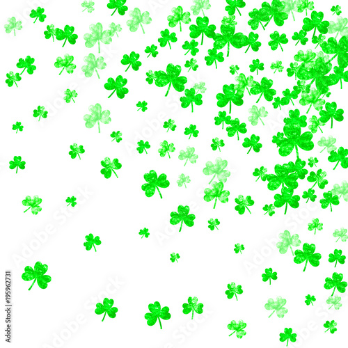 St patricks day background with shamrock. Lucky trefoil confetti. Glitter frame of clover leaves. Template for party invite  retail offer and ad. Festive st patricks day backdrop.