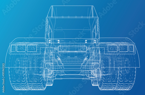Back view Truck isolated on blue background. Eurotrucks delivering vehicle layout for corporate brand identity design. Top view. Tracing illustration of 3d. EPS 10 vector format