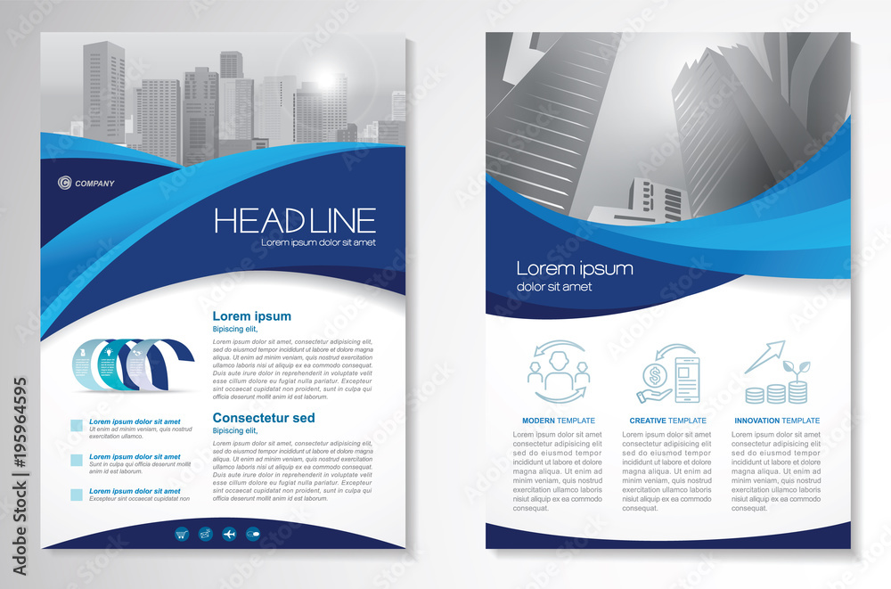 Template vector design for Brochure, Annual Report, Magazine, Poster, Corporate Presentation, Portfolio, Flyer, infographic, layout modern with blue color size A4, Front and back, Easy to use. - obrazy, fototapety, plakaty 