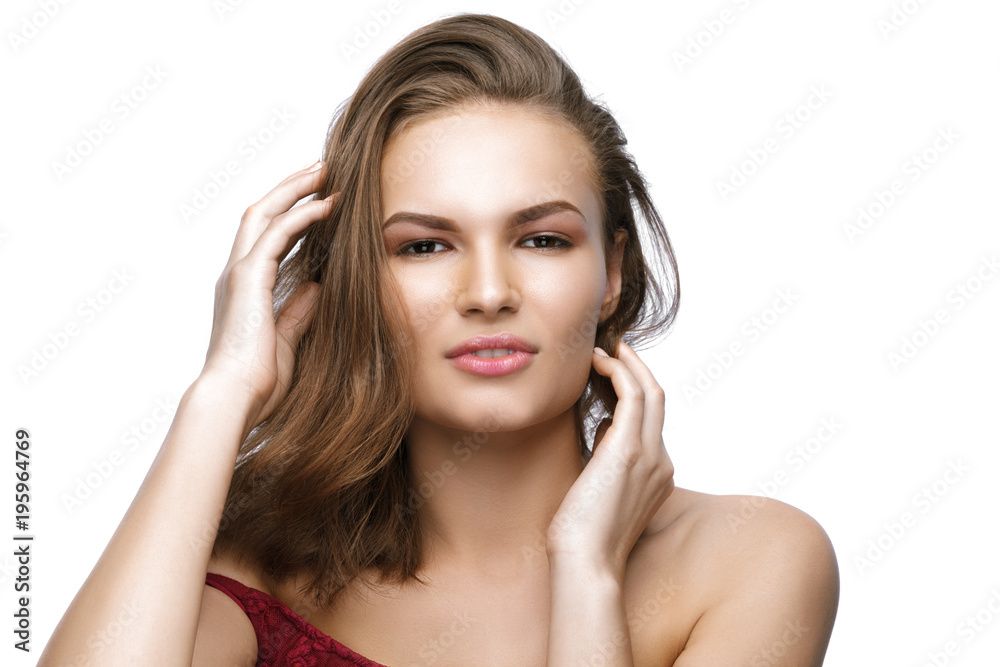 Beautiful young woman with long brown hair on white background. Beautiful young woman with long brown hair on white background.