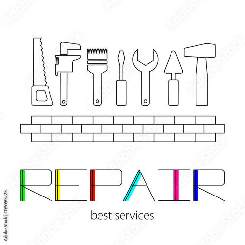 Logo of Repair Home with colorful lettering on the white background. Set of remodeling tools and brick wall.  Stock vector. Flat design. Vector illustration EPS10.