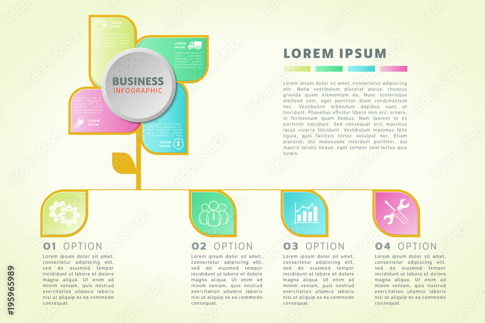 Business template with 4 steps, options or processes. Can by used for grow up, workflow, research, presentation, timeline.