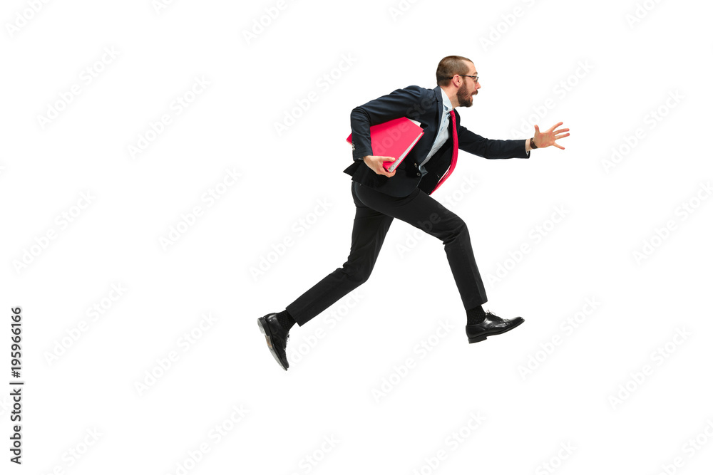 Businessman running with a folder on white background