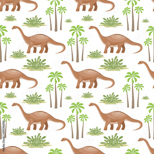 Colorful seamless pattern with the image of funny dinosaurs in cartoon style. Vector background.