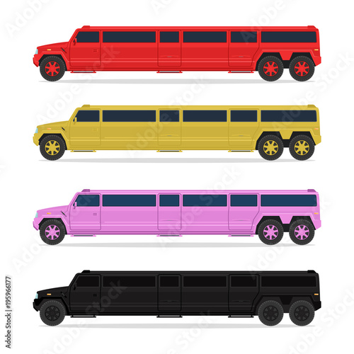 Limousine in four different colors (red, gold, pink, black) isolated on white background. No gradients. Vector illustration.