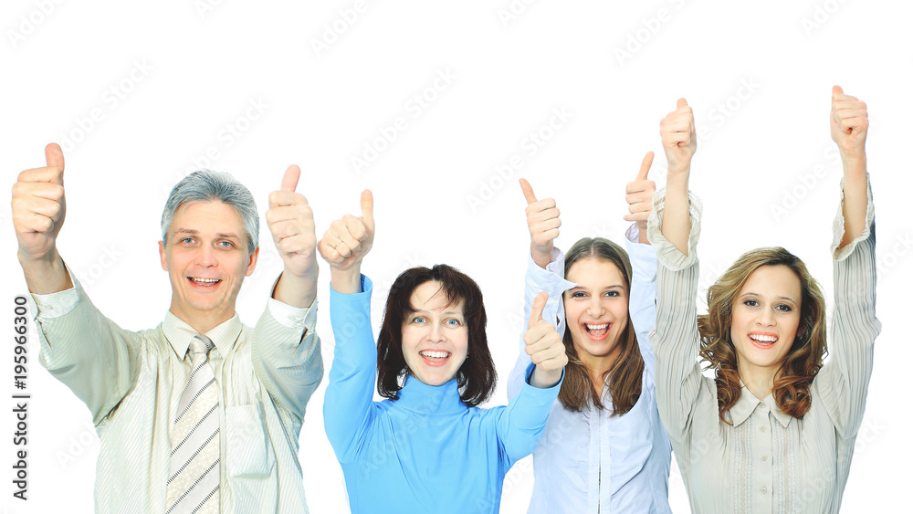 Obraz premium Beautiful businesswoman holding a hand with fingers upwards.