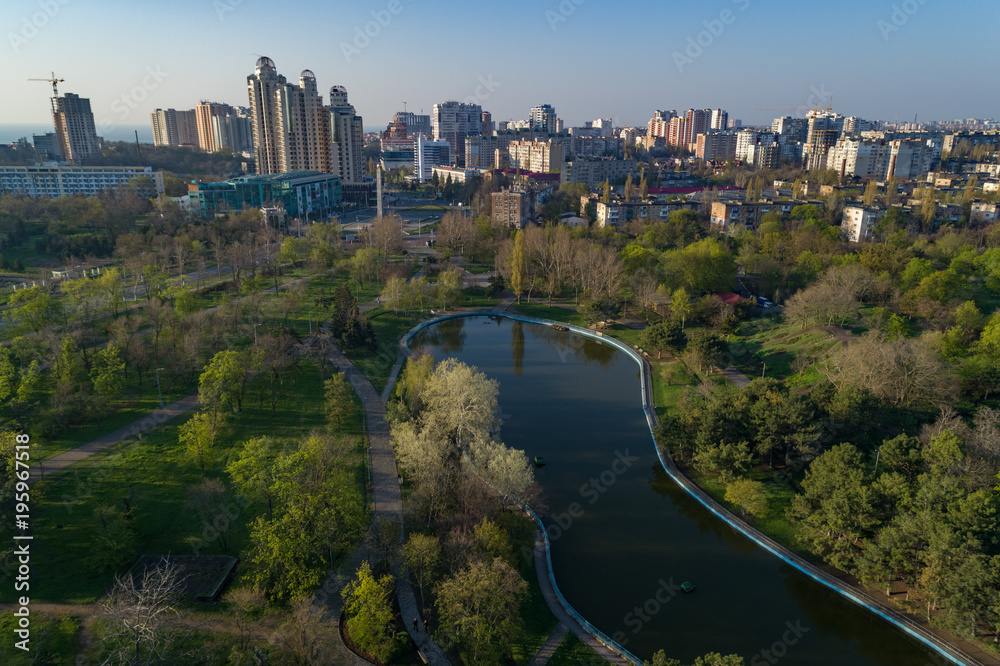 Aerial View of  Arboretum Peremohy known as Victory Park in Odeesa Ukraine. Looking towards Arkadia resort and Victory Square