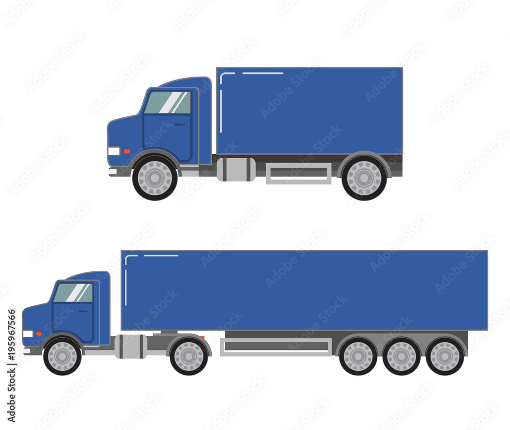 Set of trucks trailer.Commercial cargo delivering vehicle.Car on road in flat.Semi truck isolated on white background.Vector template.Side view.Postal service icon design. Transportation of freights Set of trucks trailer.Commercial cargo delivering vehicle.Car on road in flat.Semi truck isolated on white background.Vector template.Side view.Postal service icon design. Transportation of freights