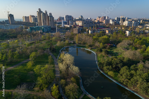 Aerial View of Arboretum Peremohy known as Victory Park in Odeesa Ukraine. Looking towards Arkadia resort and Victory Square