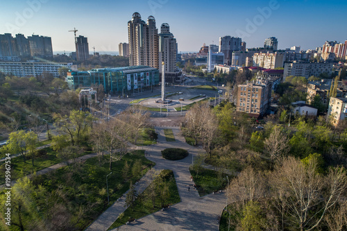 Aerial View of  Arboretum Peremohy known as Victory Park in Odeesa Ukraine. Looking towards Arkadia resort and Victory Square