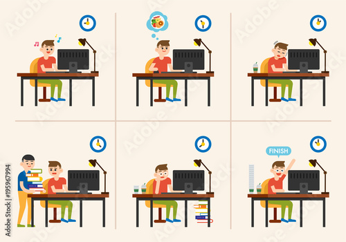 worker as time passes. vector flat design illustration set