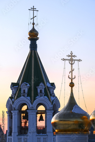 church dome in Nizhny Novgorod in winter at sunset