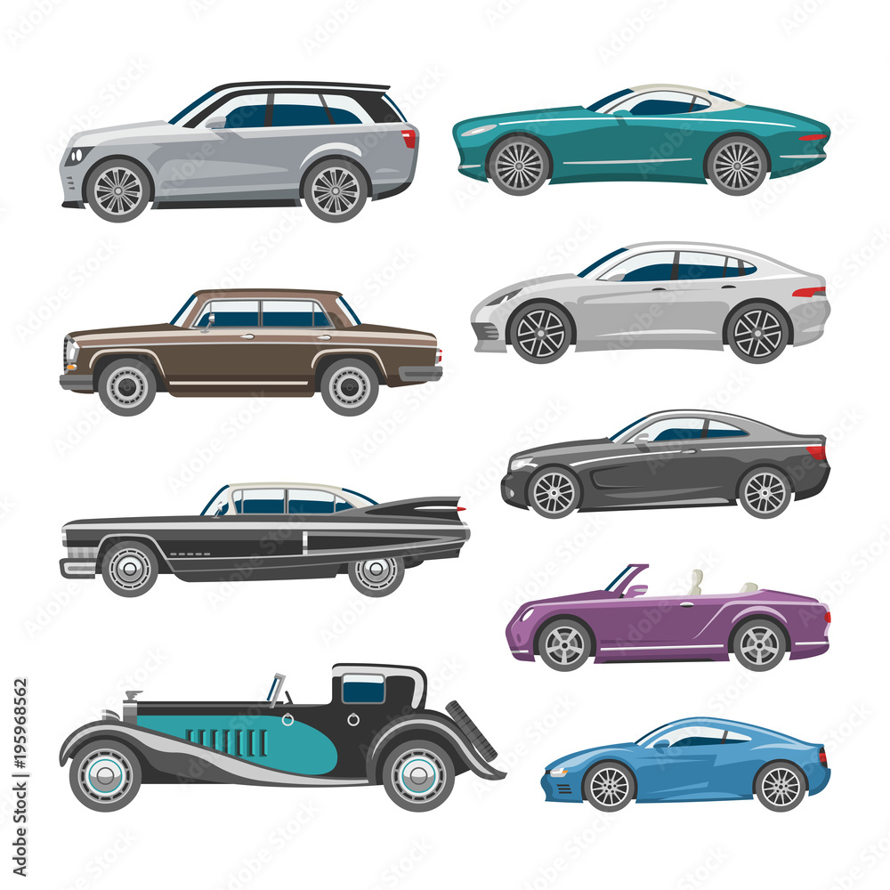 Luxury car vector retro auto transport and vehicle automobile illustration set of automotive