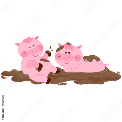 Pigs playing in a mud puddle. Vector illustration
