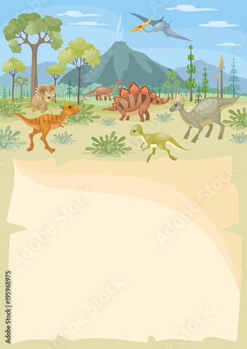 Vertical vector background with the image of a prehistoric landscape and dinosaurs. Colorful illustration in cartoon style.