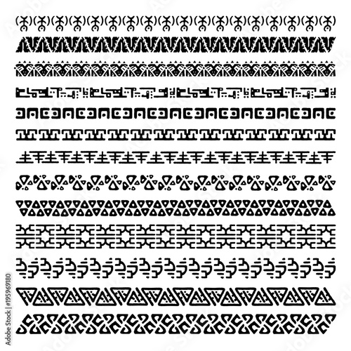 Vector set of 13 decorative geometric seamless borders in ethnic style. Collection of pattern brushes for frames. Aztec tribal ornaments. Freehand drawing. Black and white. photo