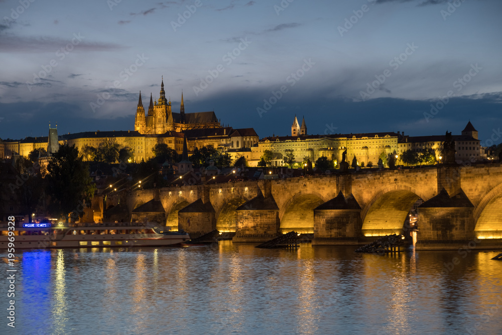 Charles Bridge and Prague Castle at dusk