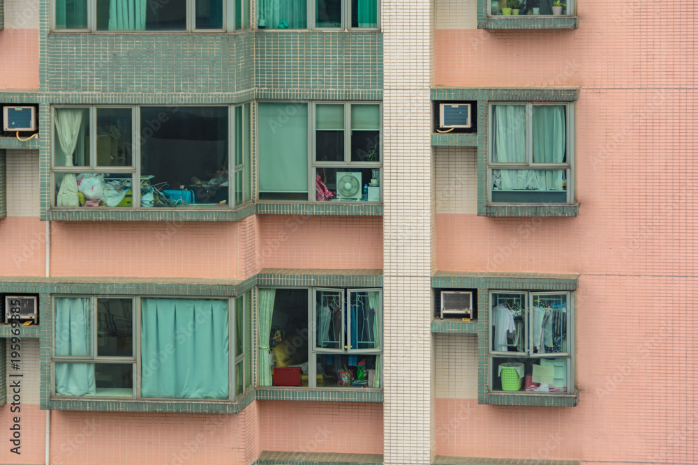 Windows of residential house in Hong Kong, China.