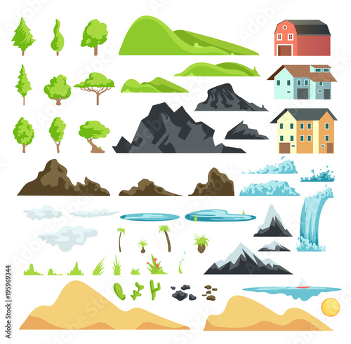 Cartoon landscape vector elements with mountains, hills, tropical trees and buildings