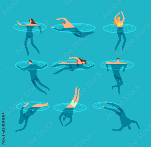 Swimming and diving people in swimming pool cartoon vector illustration