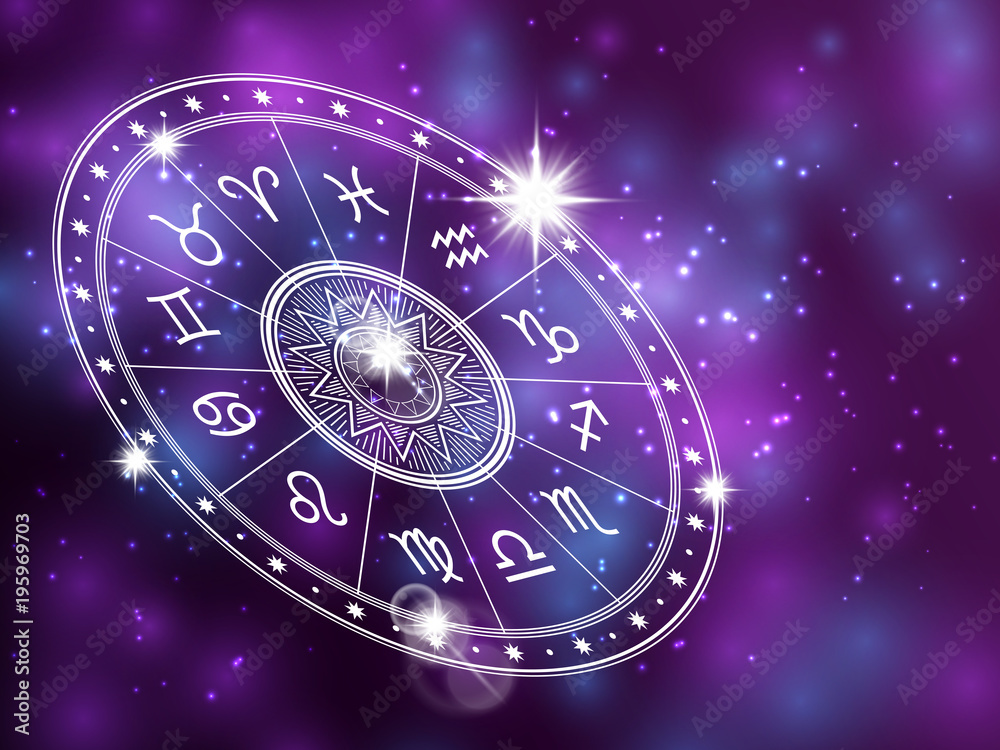 Horoscope circle on shiny backgroung - space backdrop with white astrology circle Horoscope circle on shiny backgroung - space backdrop with white astrology circle