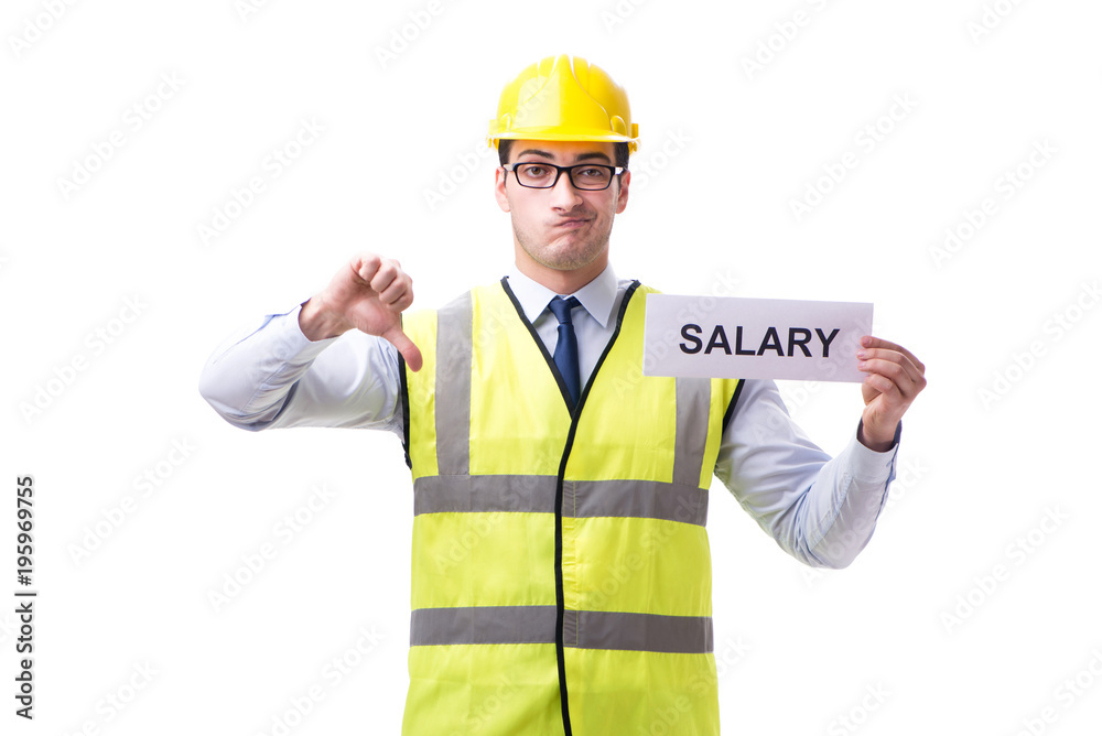 Construction supervisor asking for higher salary isolated on whi Construction supervisor asking for higher salary isolated on whi