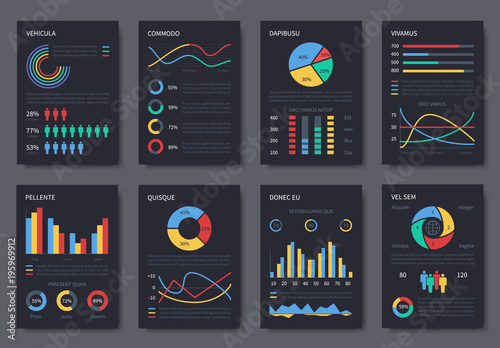 Multipurpose business infographic vector brochure template for presentation. Charts, diagrams and infographics elements on dark pages