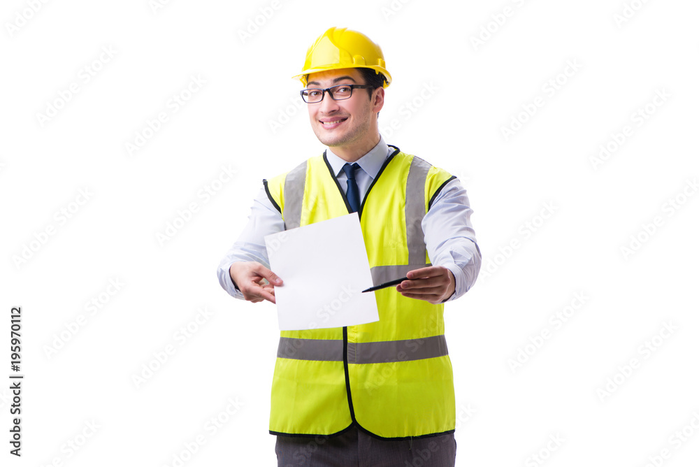 Construction supervisor with blank sheet isolated on white backg