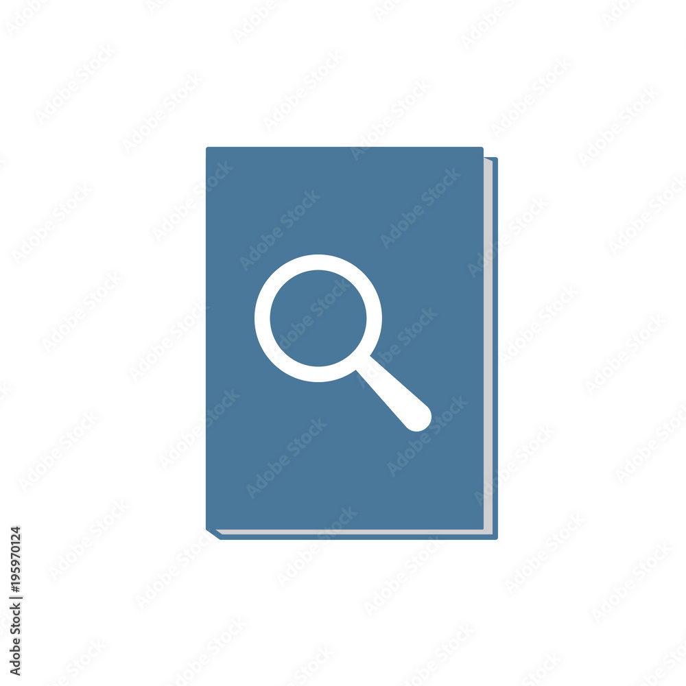Book icon with research sign. Book icon and explore, find, inspect concept Book icon with research sign. Book icon and explore, find, inspect concept