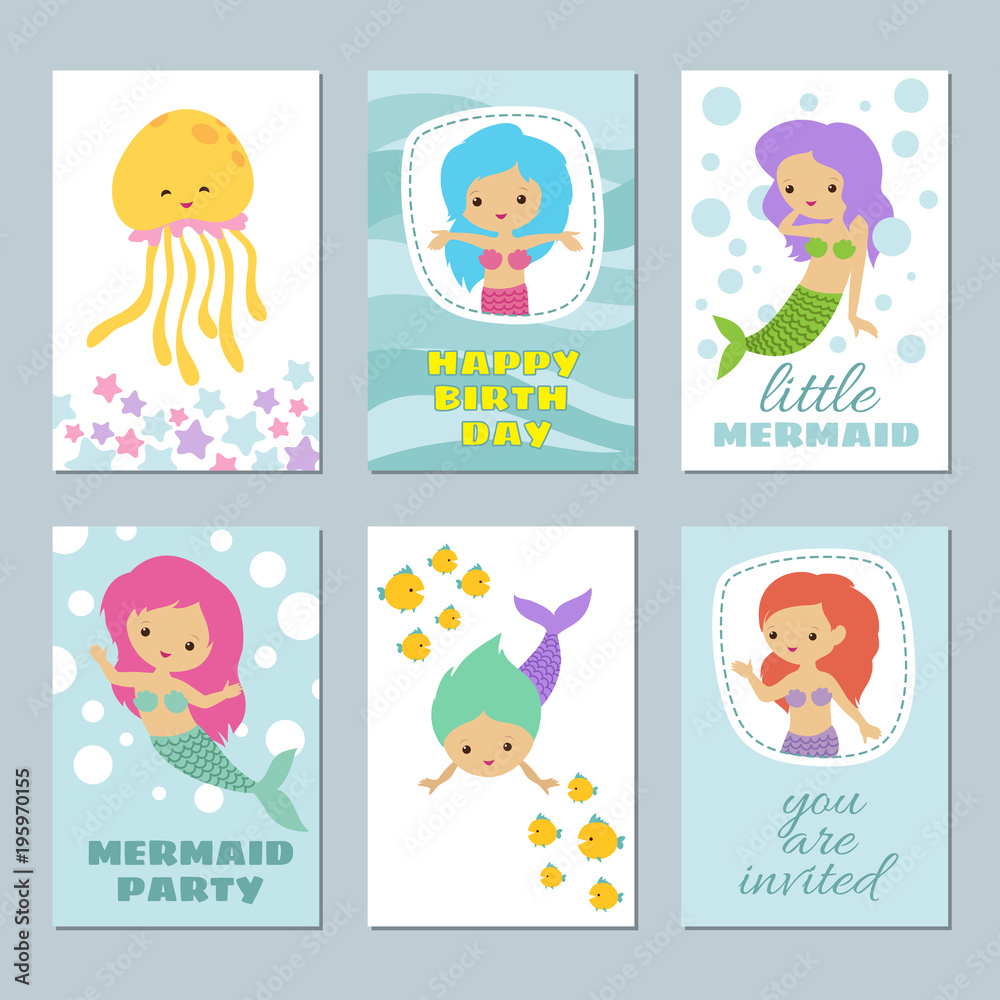 Pretty baby mermaids birthday greeting card vector templates