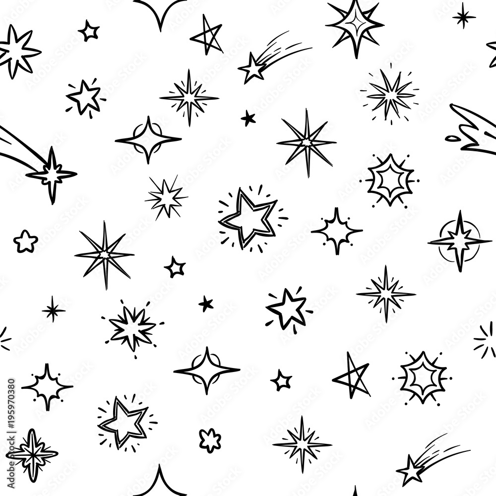 Hand drawn sky with doodle stars vector seamless background. Grunge outer space repeating pattern Hand drawn sky with doodle stars vector seamless background. Grunge outer space repeating pattern