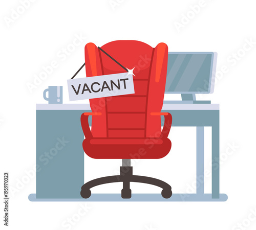 Empty office chair with vacant sign. Employment, vacancy and hiring job vector concept