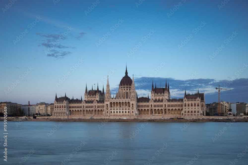 Wide shot of the Hungarian Parliament at twilight
