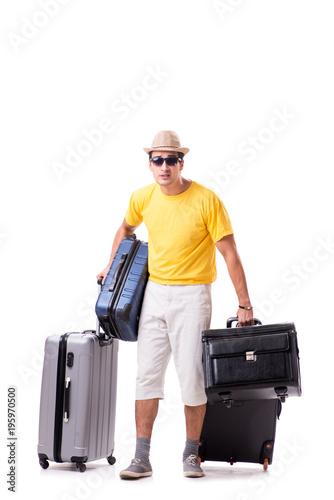 Happy young man going on summer vacation isolated on white