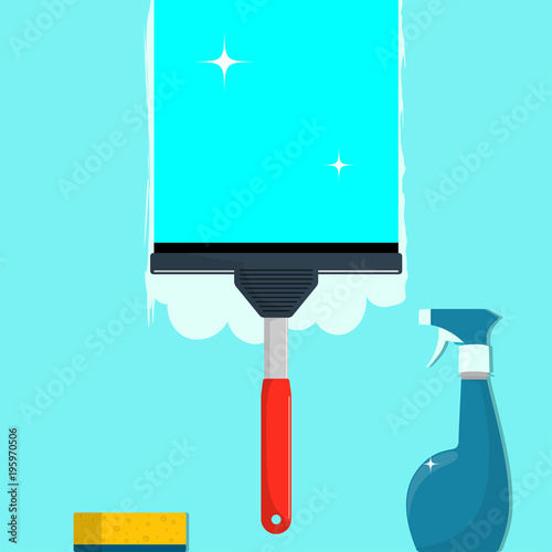 Window cleaning. Glass scraper glides over the glass, making it clean. Spray glass cleaner and a sponge. Window cleaning service concept. Vector illustration in flat style.