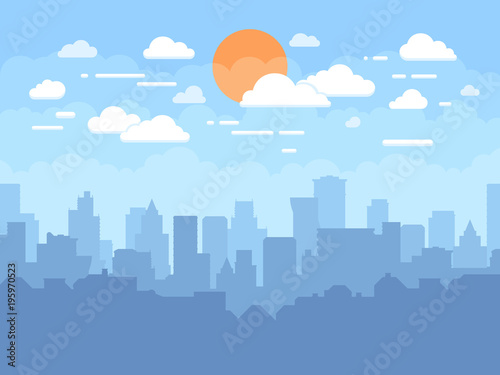 Flat cityscape with blue sky, white clouds and sun. Modern city skyline flat panoramic vector background