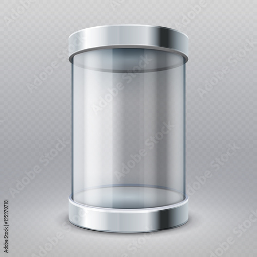 Empty transparent glass cylinder 3d showcase isolated vector illustration