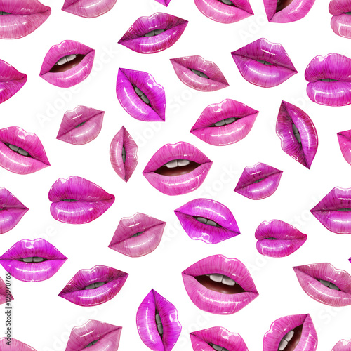 Seamless pattern of pink sexy lips. Vector lipstick or lip gloss 3d realistic design. Fashion illustration