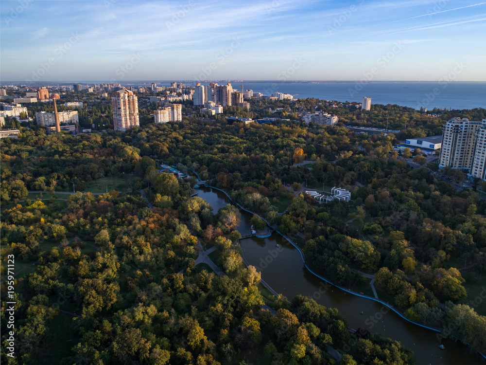 Aerial shot of Victory Park in Odessa at sunsrise