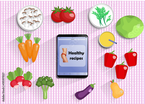Top view on kitchen table with fruit and vegetables, juice - foods for diet, fitness and healthy eating.  With tablet with text healthy recipes. Flat EPS10 vector with a top view