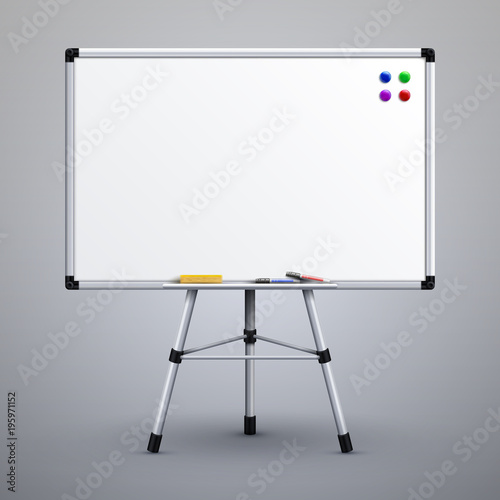Office presentation whiteboard on tripod. Blank classroom white noticeboard 3d vector illustration