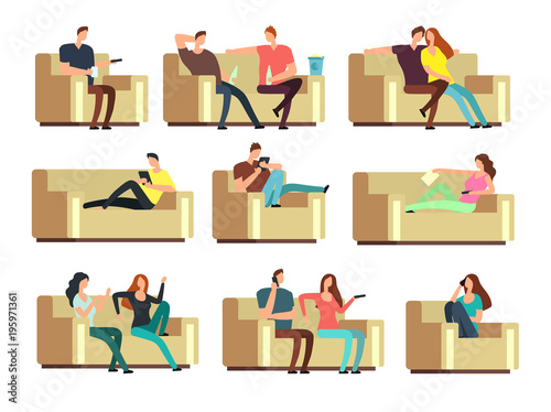 People watching tv, resting with phone, snacking on couch. Characters on holiday vector set